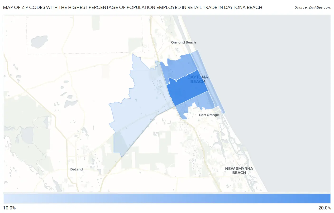 Zip Codes with the Highest Percentage of Population Employed in Retail Trade in Daytona Beach Map