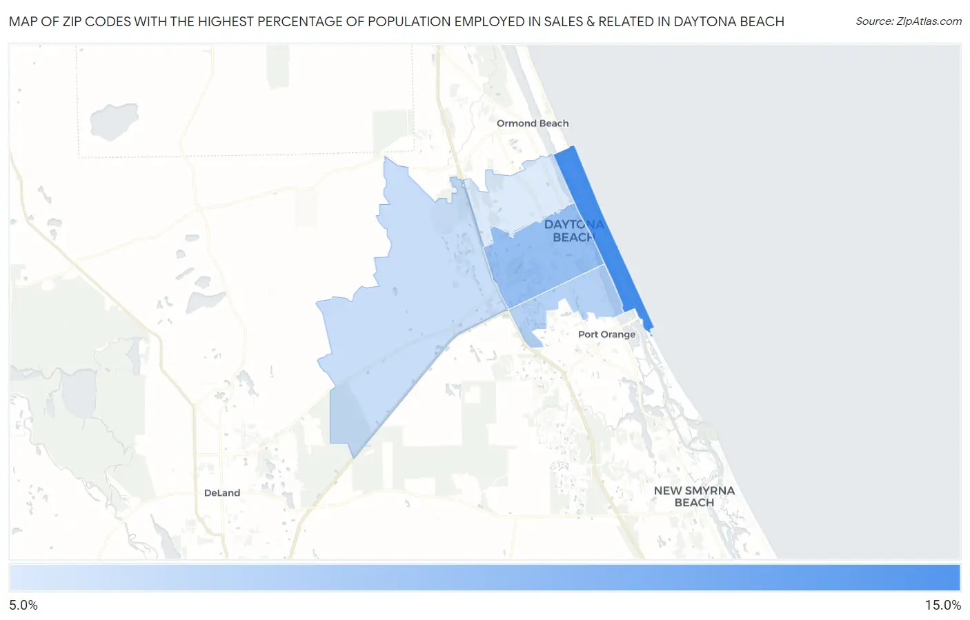 Zip Codes with the Highest Percentage of Population Employed in Sales & Related in Daytona Beach Map