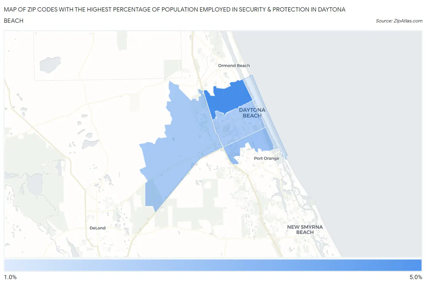 Zip Codes with the Highest Percentage of Population Employed in Security & Protection in Daytona Beach Map
