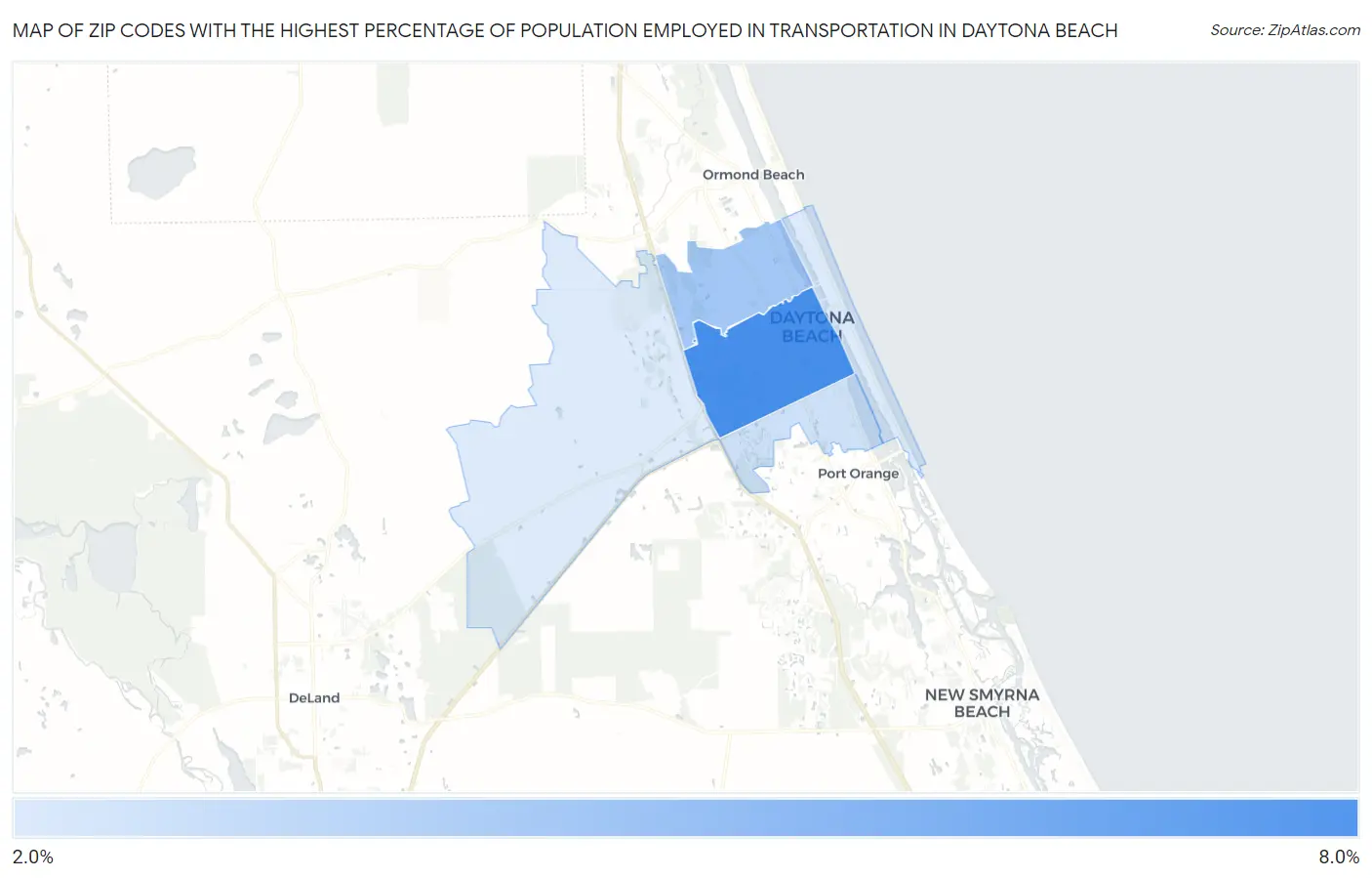 Zip Codes with the Highest Percentage of Population Employed in Transportation in Daytona Beach Map