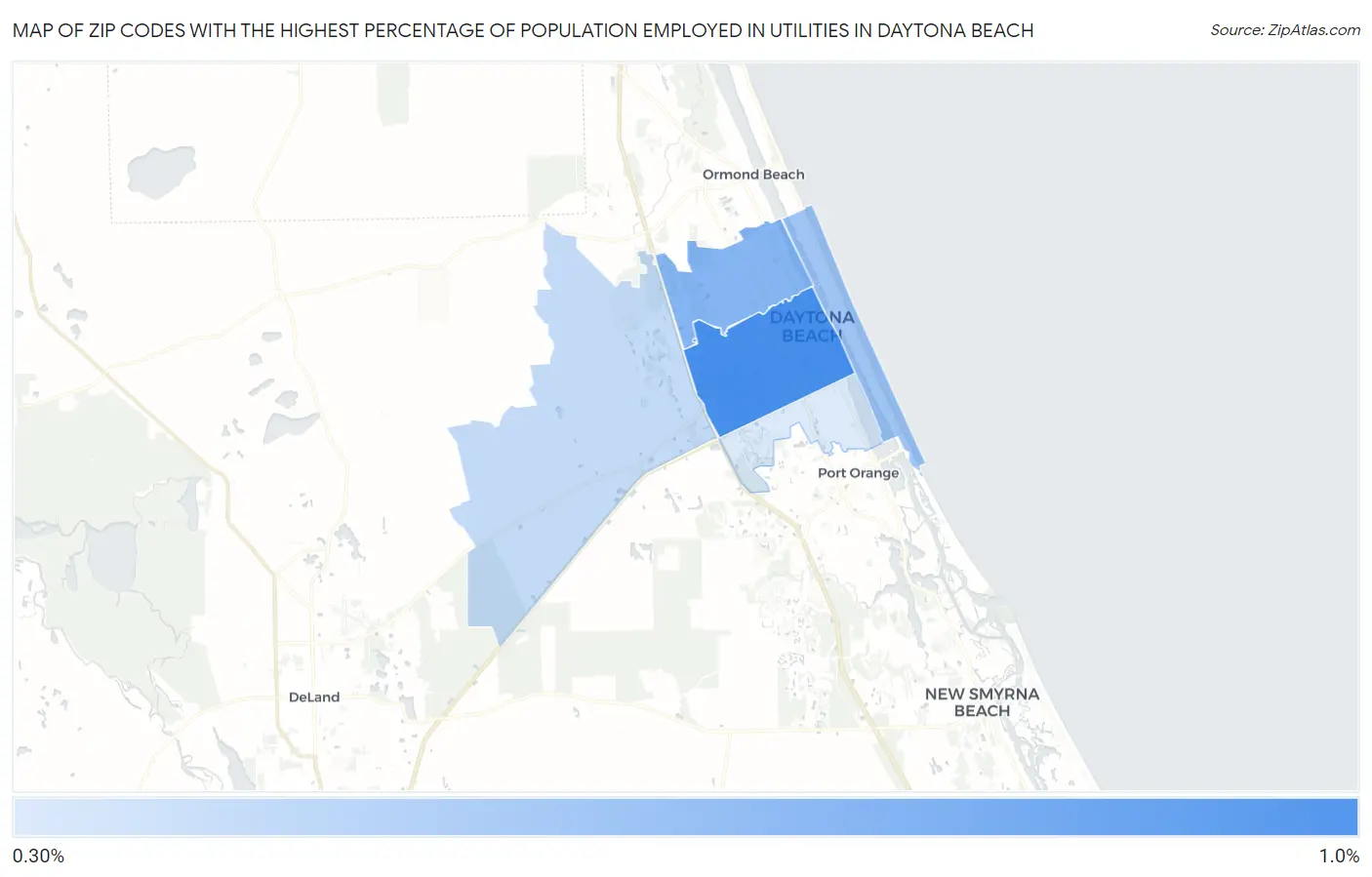 Zip Codes with the Highest Percentage of Population Employed in Utilities in Daytona Beach Map