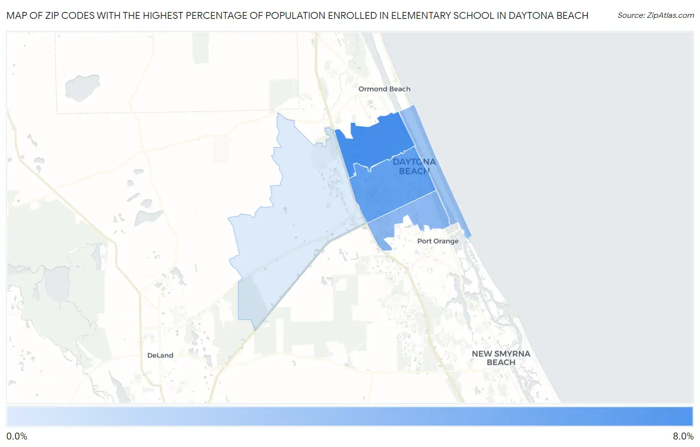 Zip Codes with the Highest Percentage of Population Enrolled in Elementary School in Daytona Beach Map