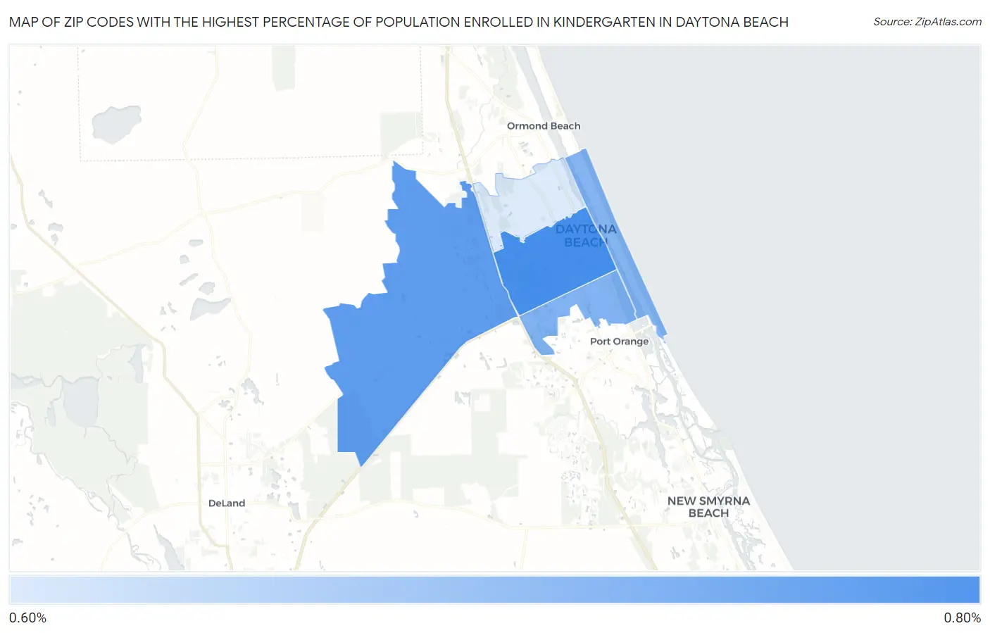 Zip Codes with the Highest Percentage of Population Enrolled in Kindergarten in Daytona Beach Map