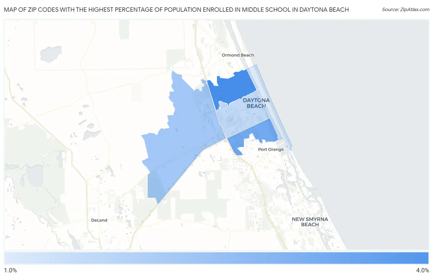 Zip Codes with the Highest Percentage of Population Enrolled in Middle School in Daytona Beach Map