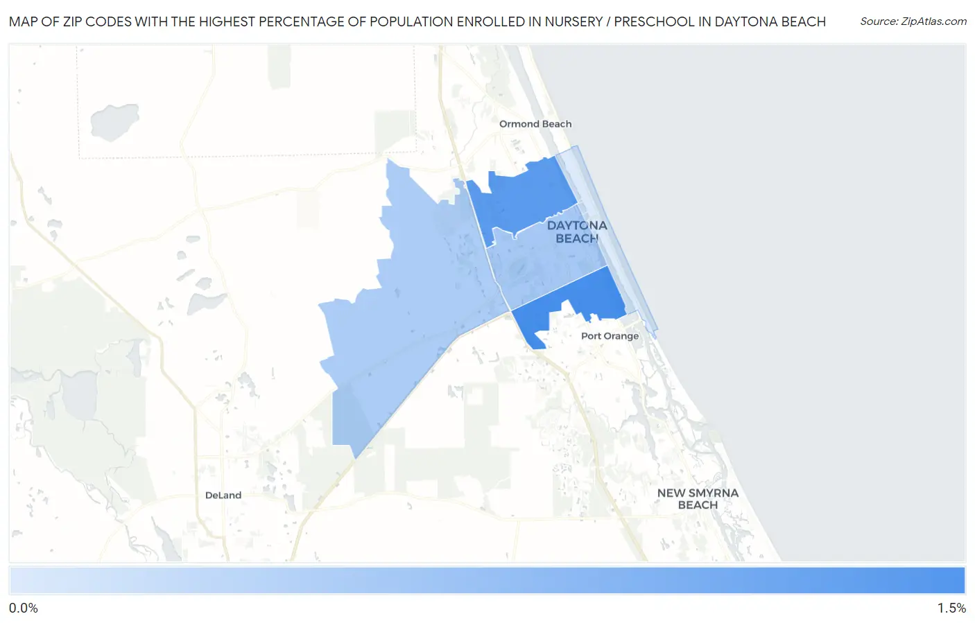 Zip Codes with the Highest Percentage of Population Enrolled in Nursery / Preschool in Daytona Beach Map