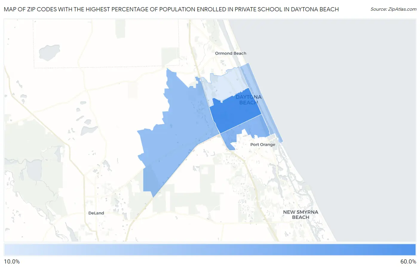 Zip Codes with the Highest Percentage of Population Enrolled in Private School in Daytona Beach Map