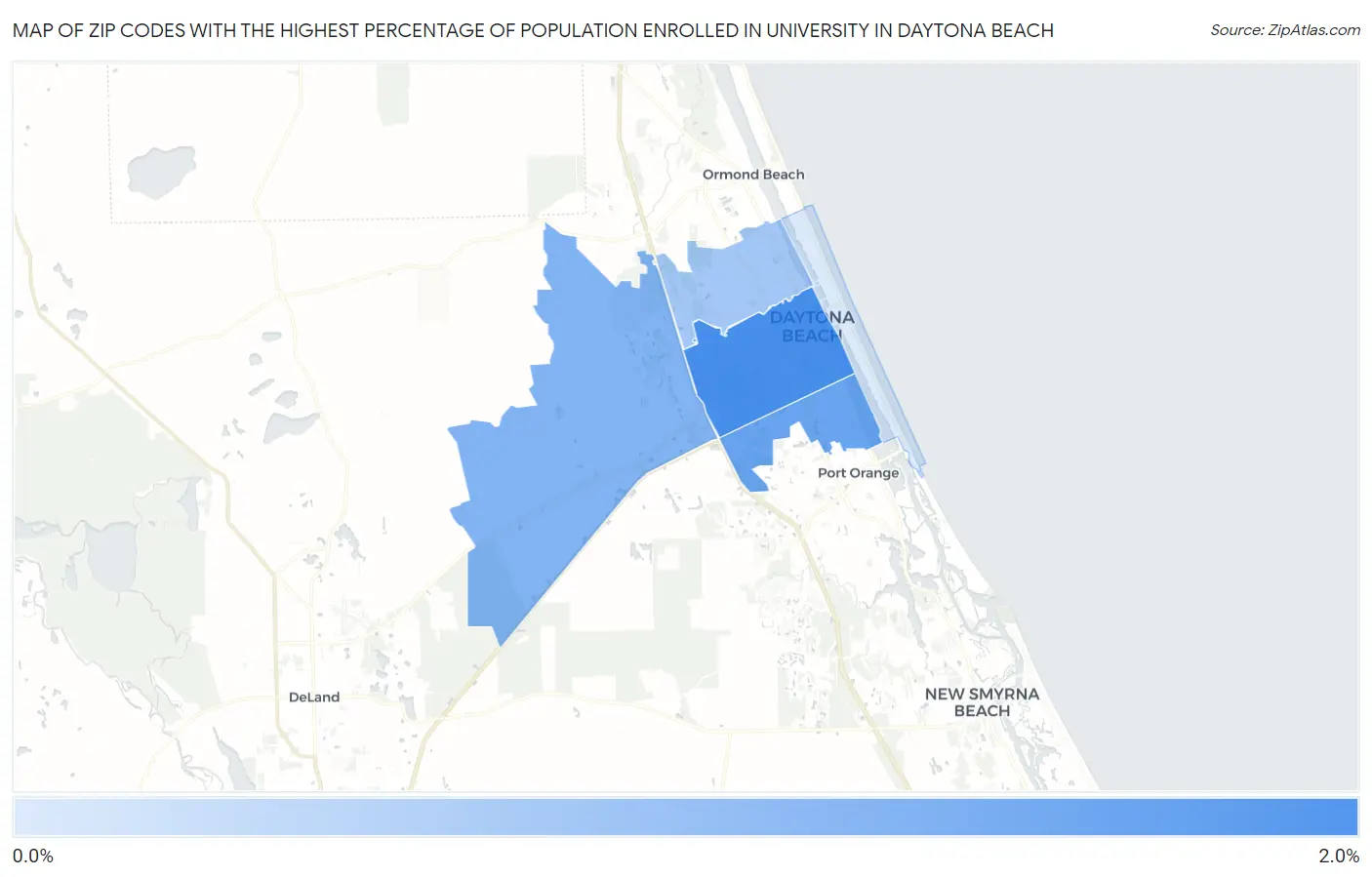Zip Codes with the Highest Percentage of Population Enrolled in University in Daytona Beach Map