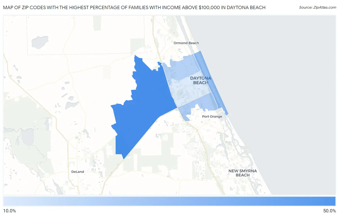 Zip Codes with the Highest Percentage of Families with Income Above $100,000 in Daytona Beach Map