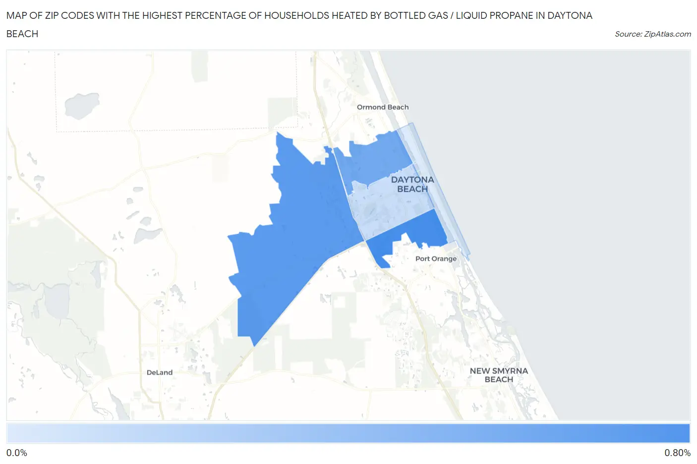 Zip Codes with the Highest Percentage of Households Heated by Bottled Gas / Liquid Propane in Daytona Beach Map