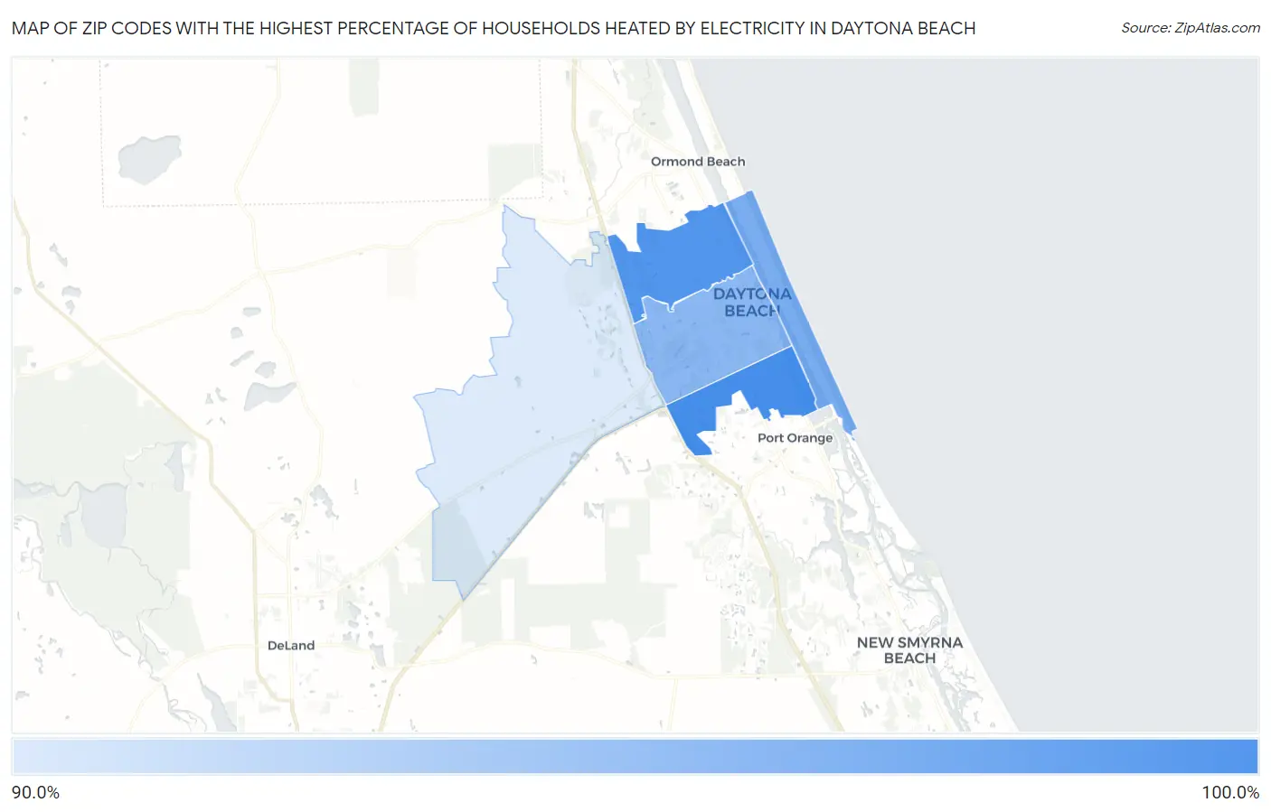 Zip Codes with the Highest Percentage of Households Heated by Electricity in Daytona Beach Map