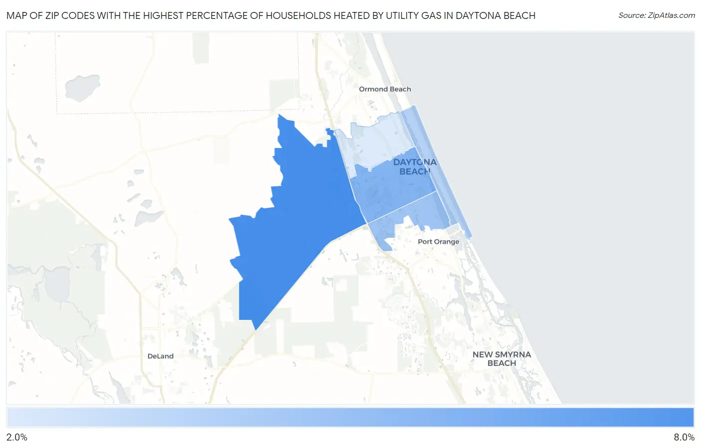 Zip Codes with the Highest Percentage of Households Heated by Utility Gas in Daytona Beach Map