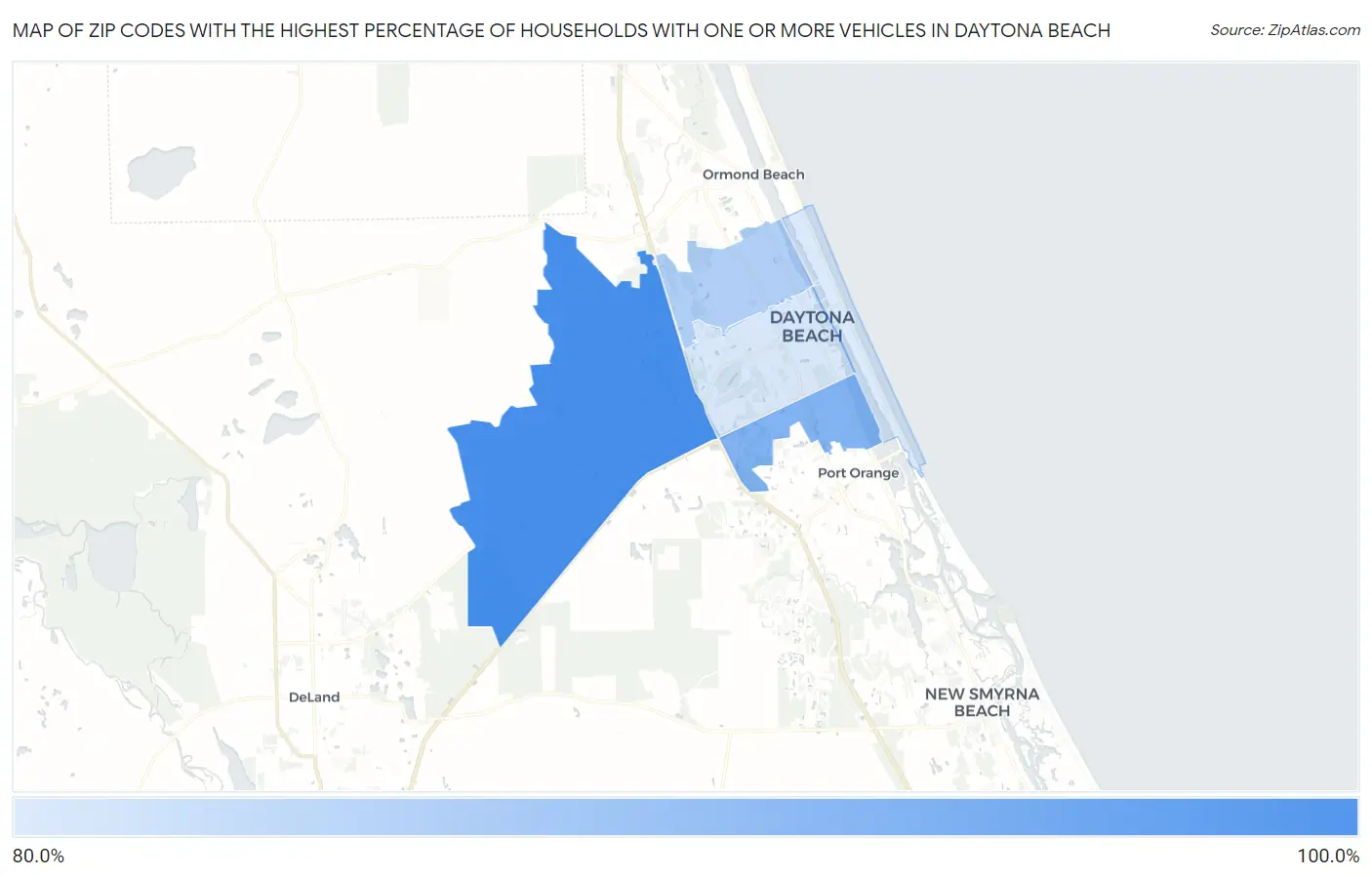 Zip Codes with the Highest Percentage of Households With One or more Vehicles in Daytona Beach Map