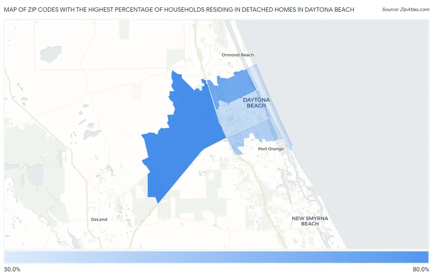 Zip Codes with the Highest Percentage of Households Residing in Detached Homes in Daytona Beach Map