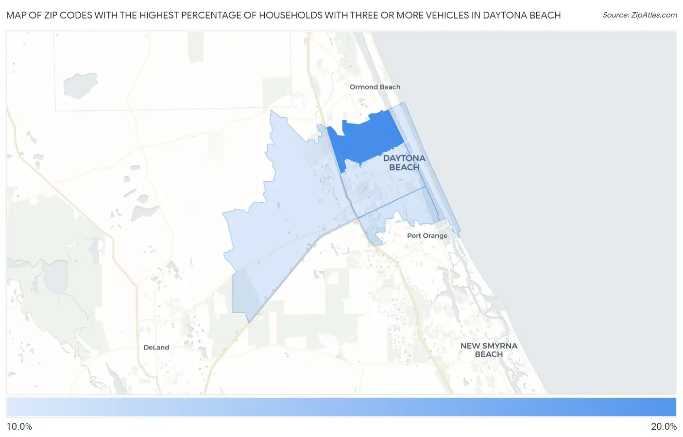 Zip Codes with the Highest Percentage of Households With Three or more Vehicles in Daytona Beach Map