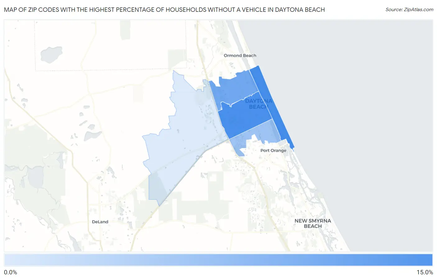Zip Codes with the Highest Percentage of Households Without a Vehicle in Daytona Beach Map