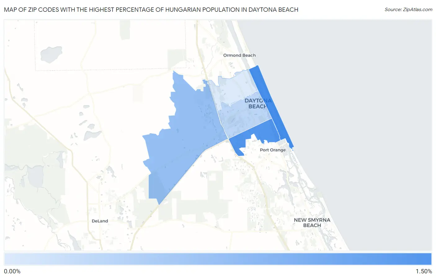 Zip Codes with the Highest Percentage of Hungarian Population in Daytona Beach Map