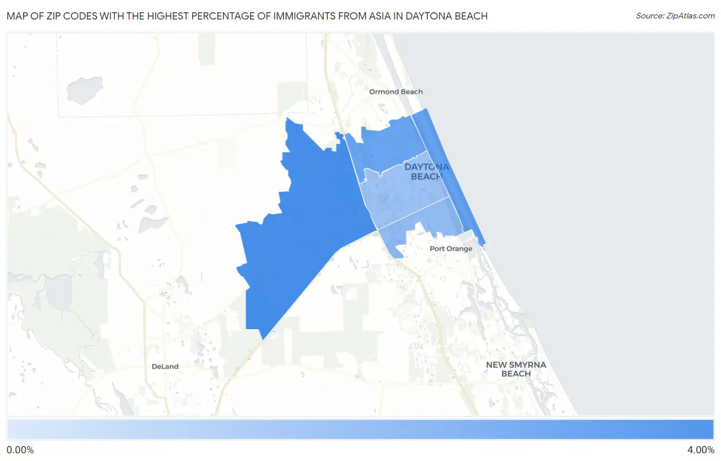 Zip Codes with the Highest Percentage of Immigrants from Asia in Daytona Beach Map