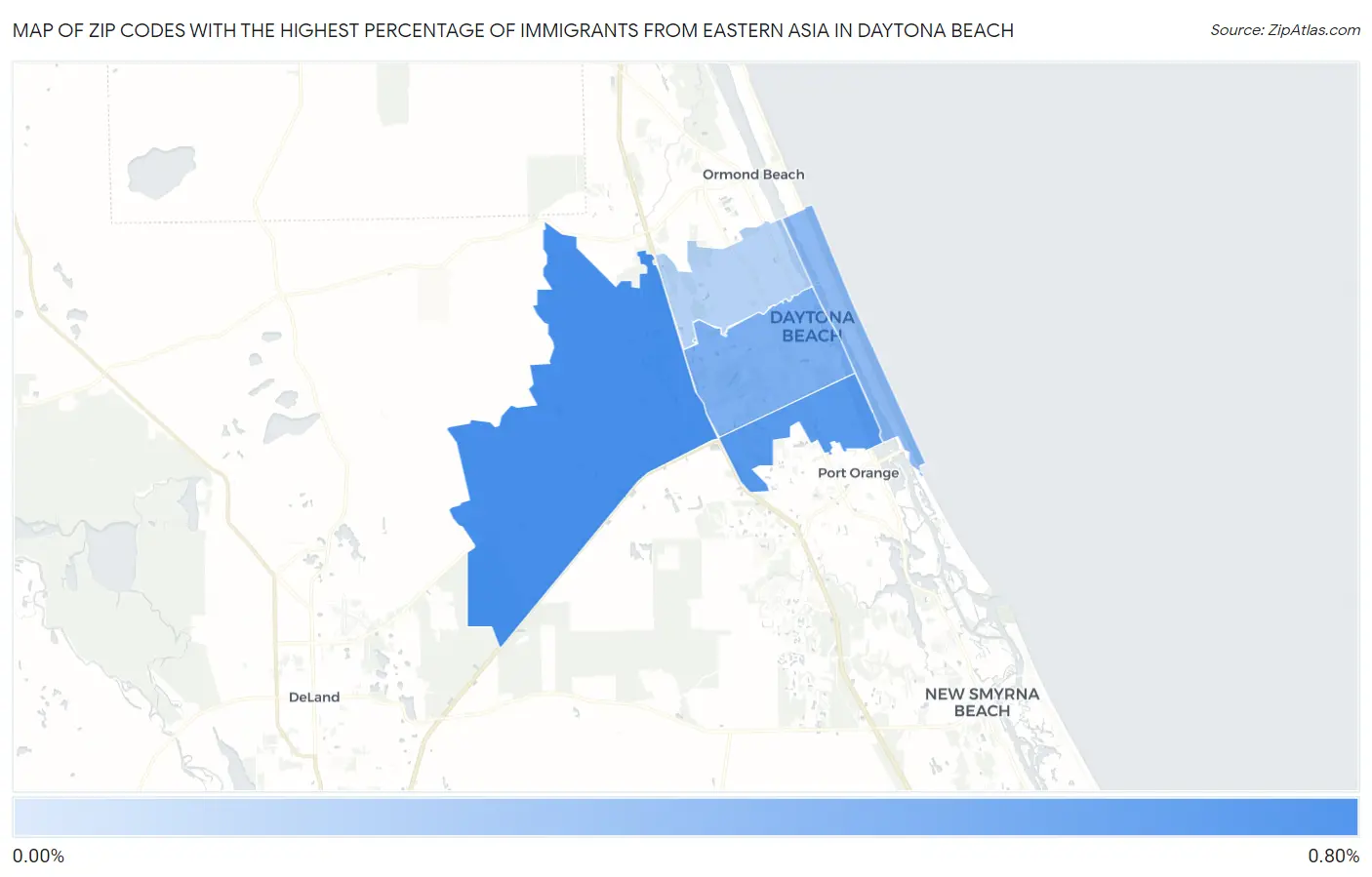 Zip Codes with the Highest Percentage of Immigrants from Eastern Asia in Daytona Beach Map