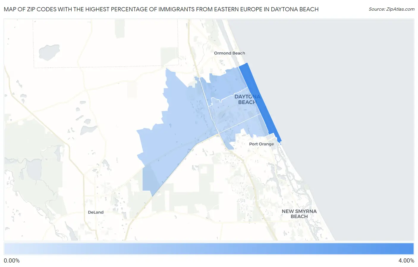 Zip Codes with the Highest Percentage of Immigrants from Eastern Europe in Daytona Beach Map