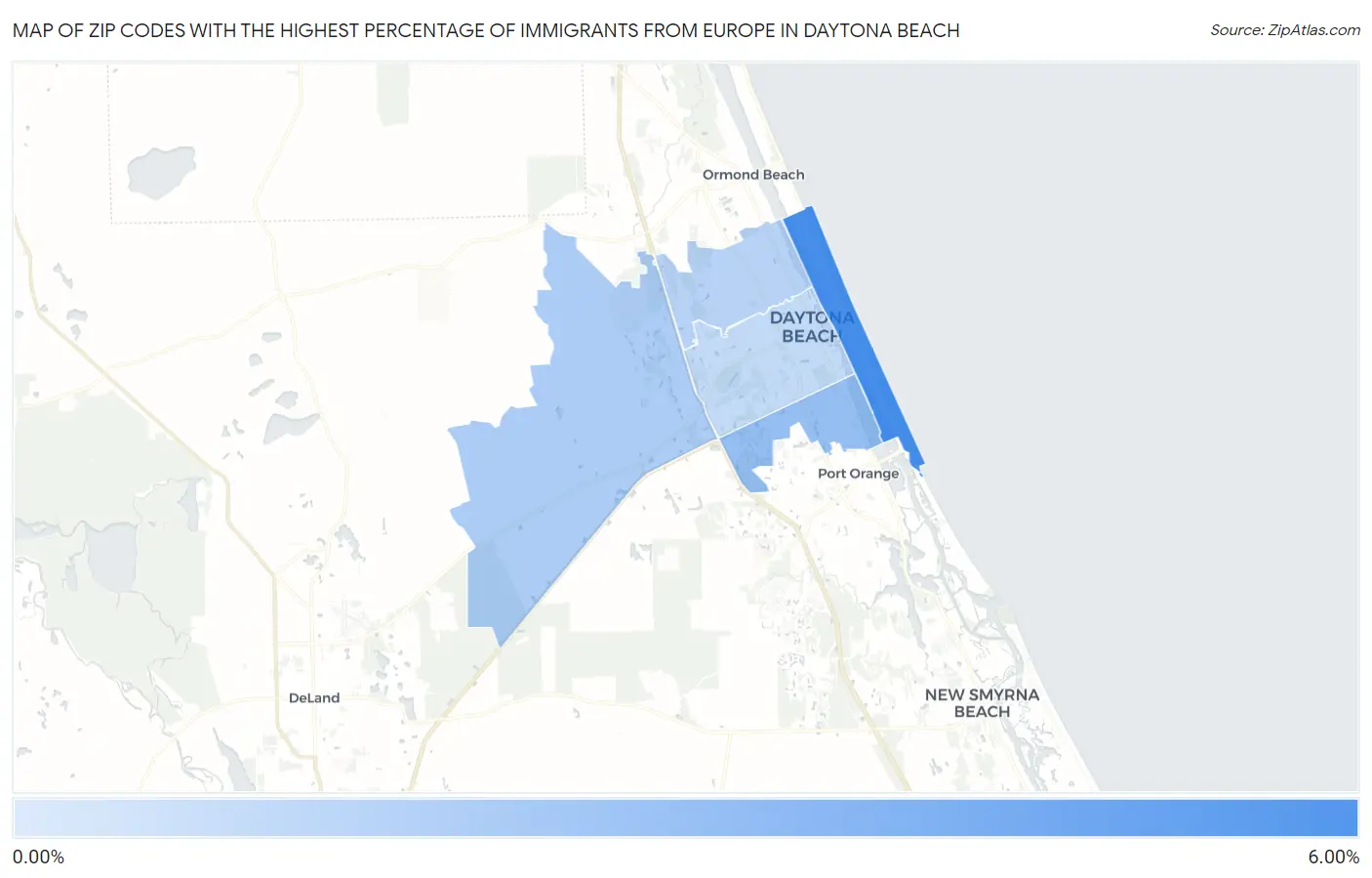 Zip Codes with the Highest Percentage of Immigrants from Europe in Daytona Beach Map