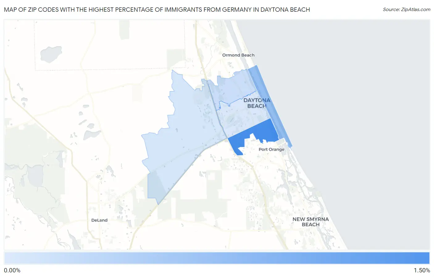 Zip Codes with the Highest Percentage of Immigrants from Germany in Daytona Beach Map