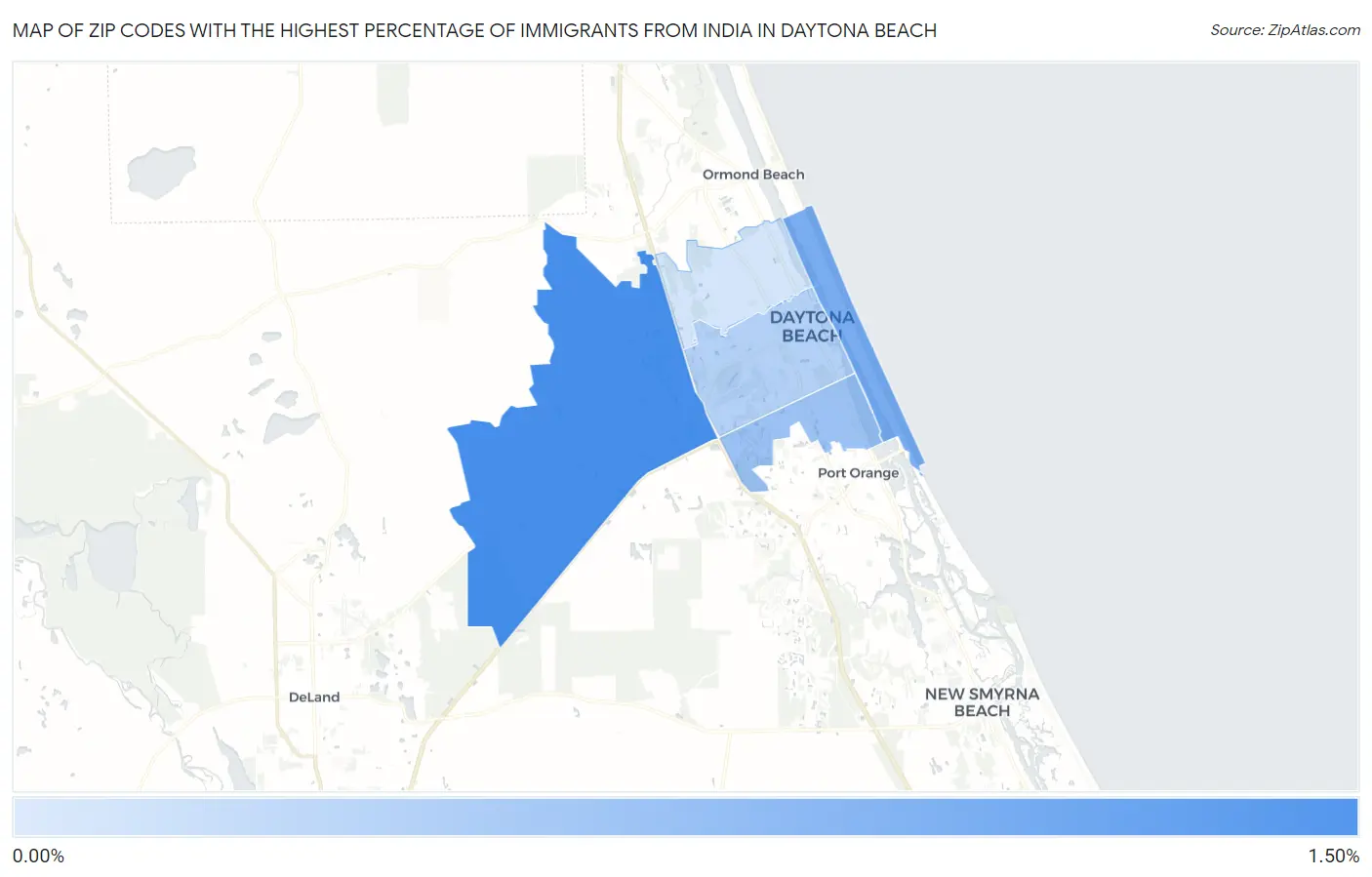 Zip Codes with the Highest Percentage of Immigrants from India in Daytona Beach Map