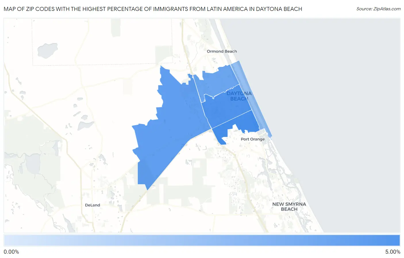 Zip Codes with the Highest Percentage of Immigrants from Latin America in Daytona Beach Map