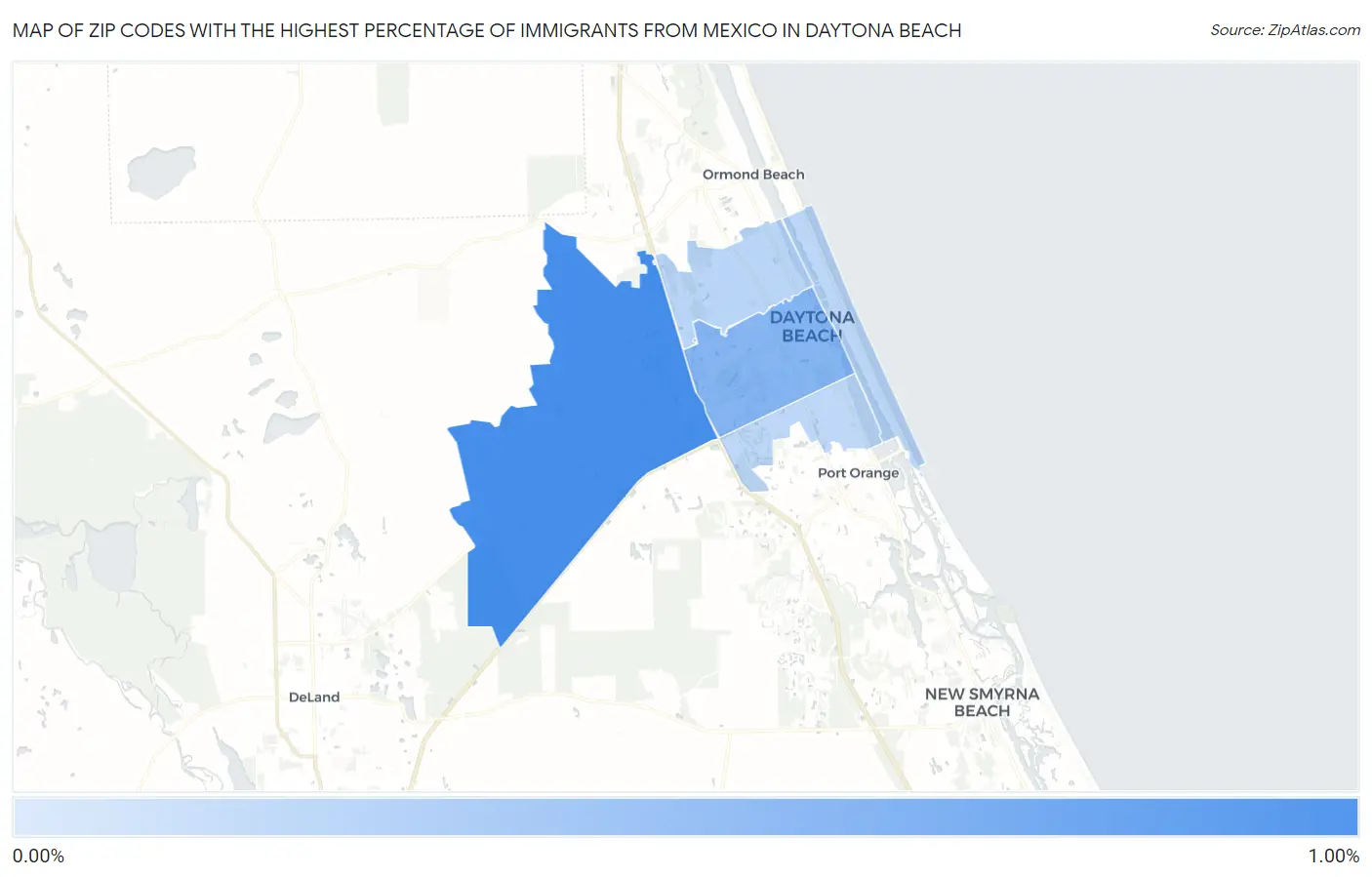 Zip Codes with the Highest Percentage of Immigrants from Mexico in Daytona Beach Map