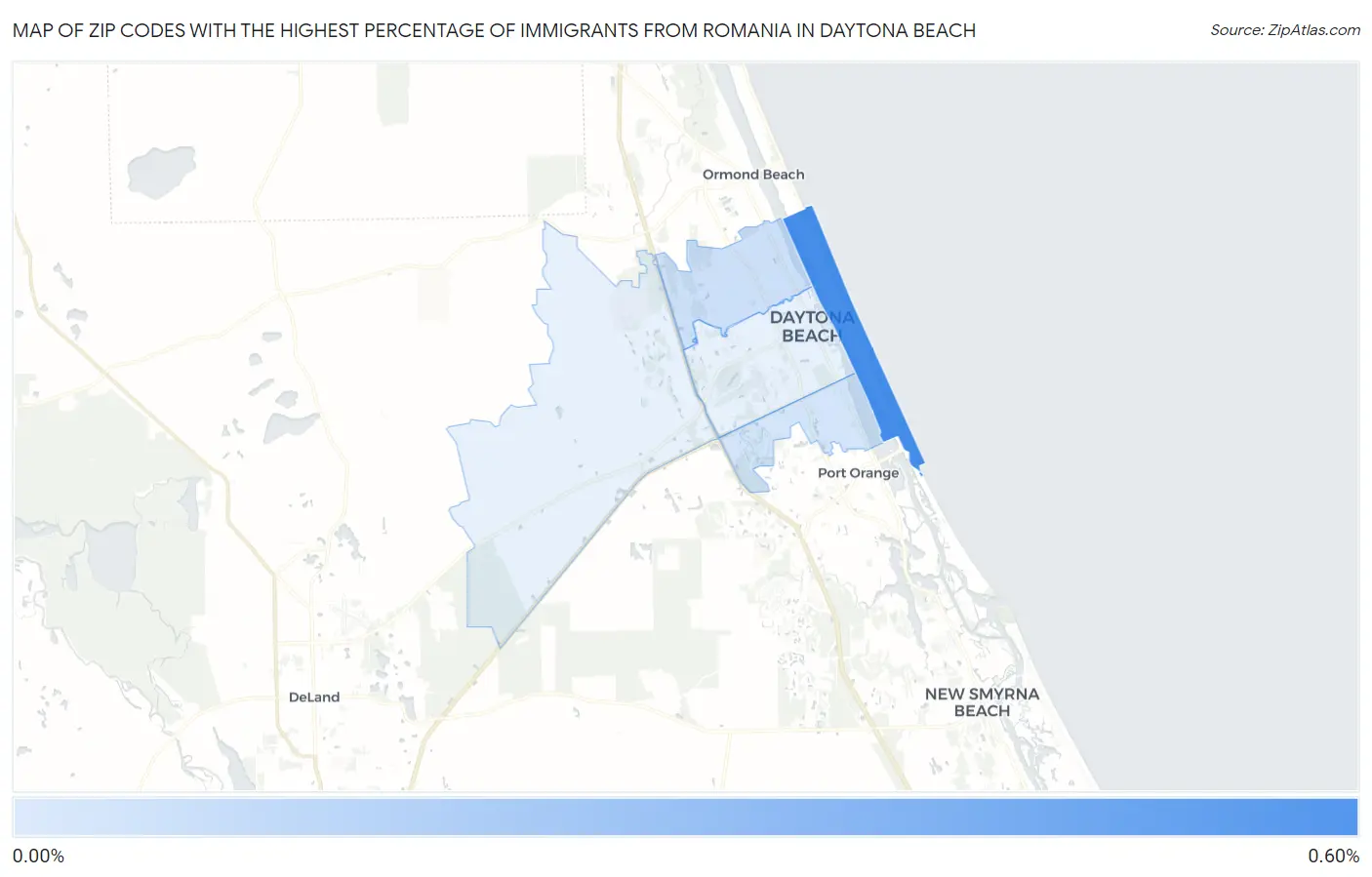 Zip Codes with the Highest Percentage of Immigrants from Romania in Daytona Beach Map