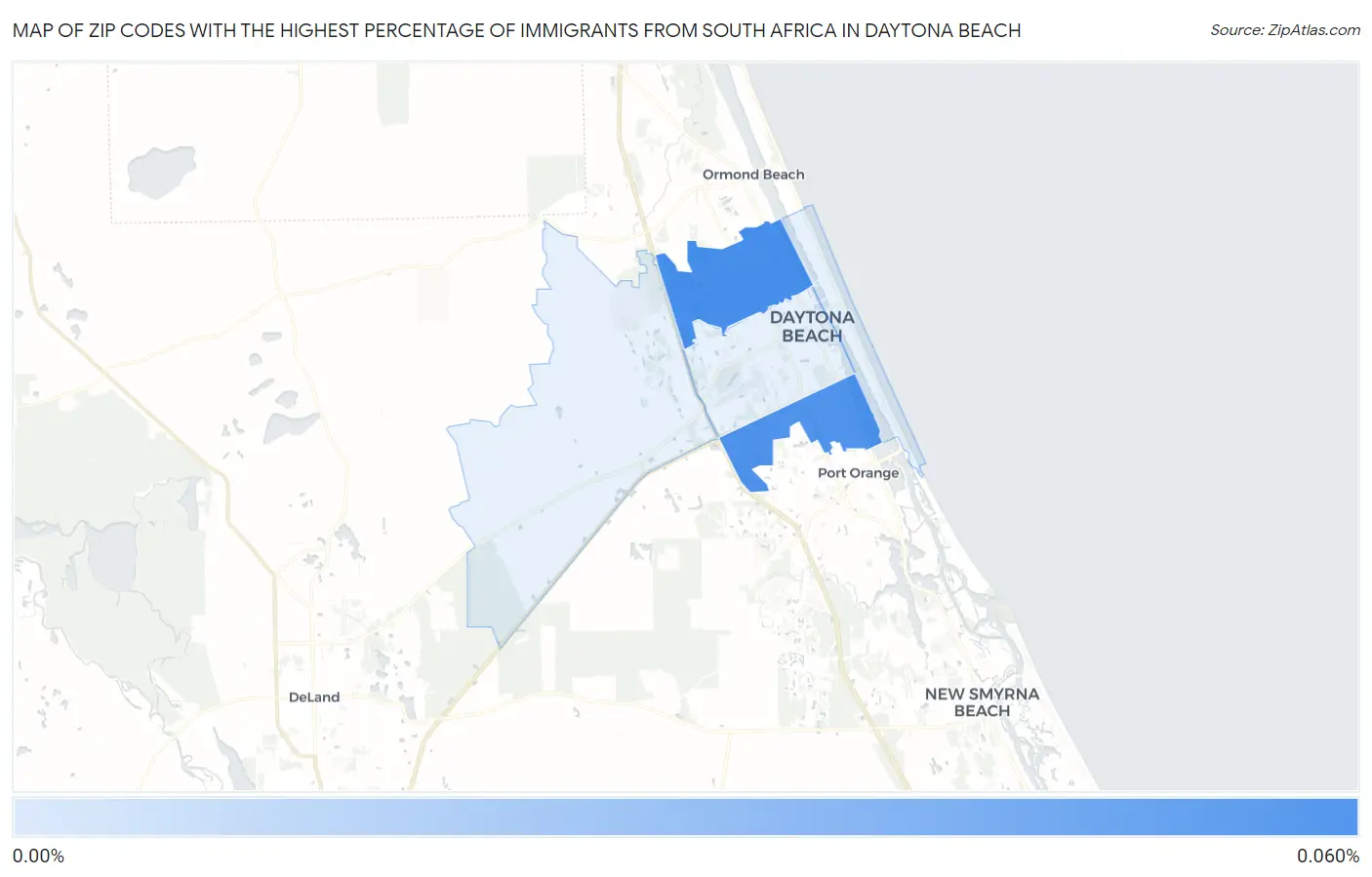 Zip Codes with the Highest Percentage of Immigrants from South Africa in Daytona Beach Map
