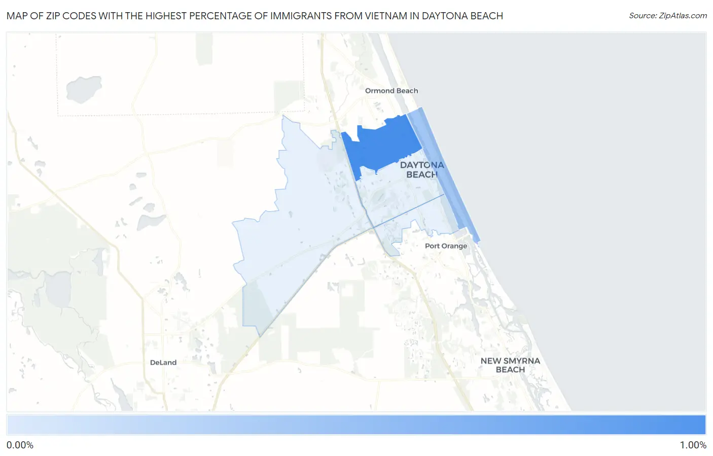 Zip Codes with the Highest Percentage of Immigrants from Vietnam in Daytona Beach Map