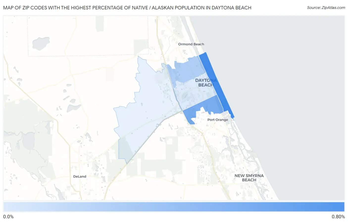 Zip Codes with the Highest Percentage of Native / Alaskan Population in Daytona Beach Map