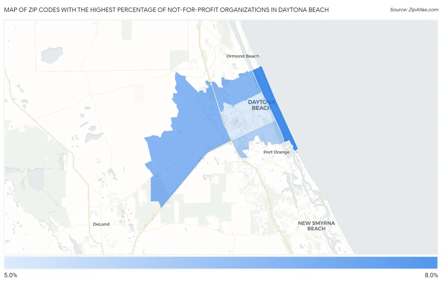 Zip Codes with the Highest Percentage of Not-for-profit Organizations in Daytona Beach Map