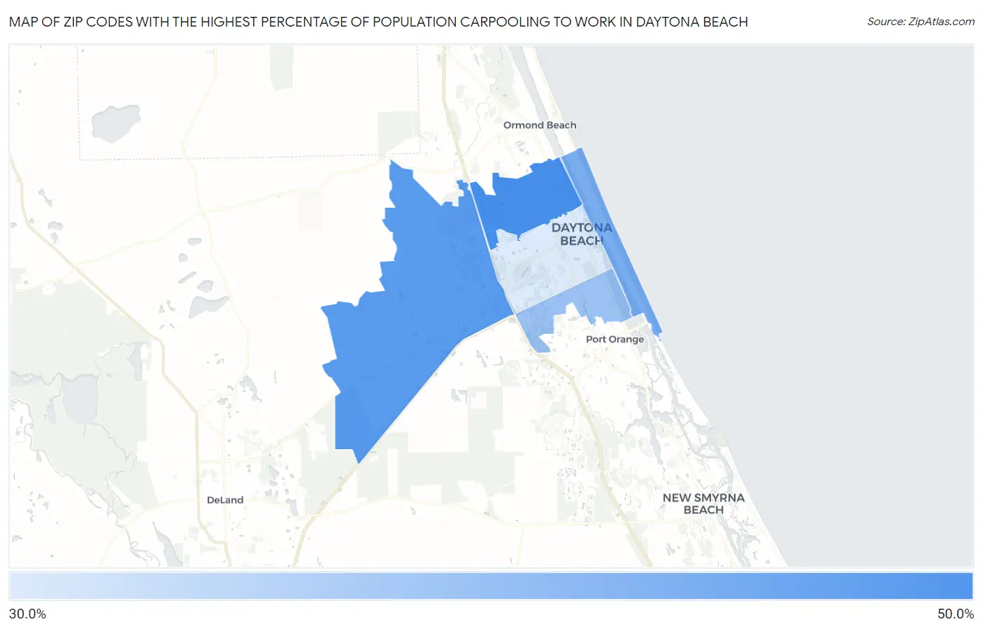 Zip Codes with the Highest Percentage of Population Carpooling to Work in Daytona Beach Map