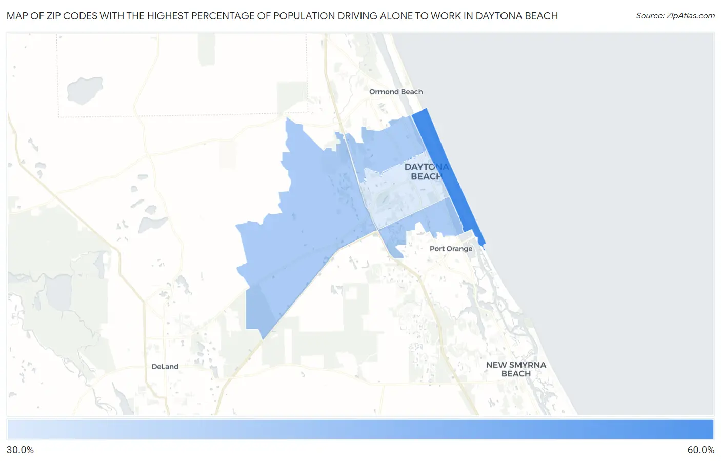 Zip Codes with the Highest Percentage of Population Driving Alone to Work in Daytona Beach Map