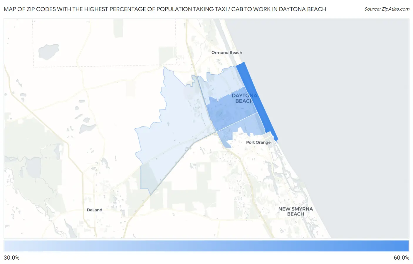 Zip Codes with the Highest Percentage of Population Taking Taxi / Cab to Work in Daytona Beach Map