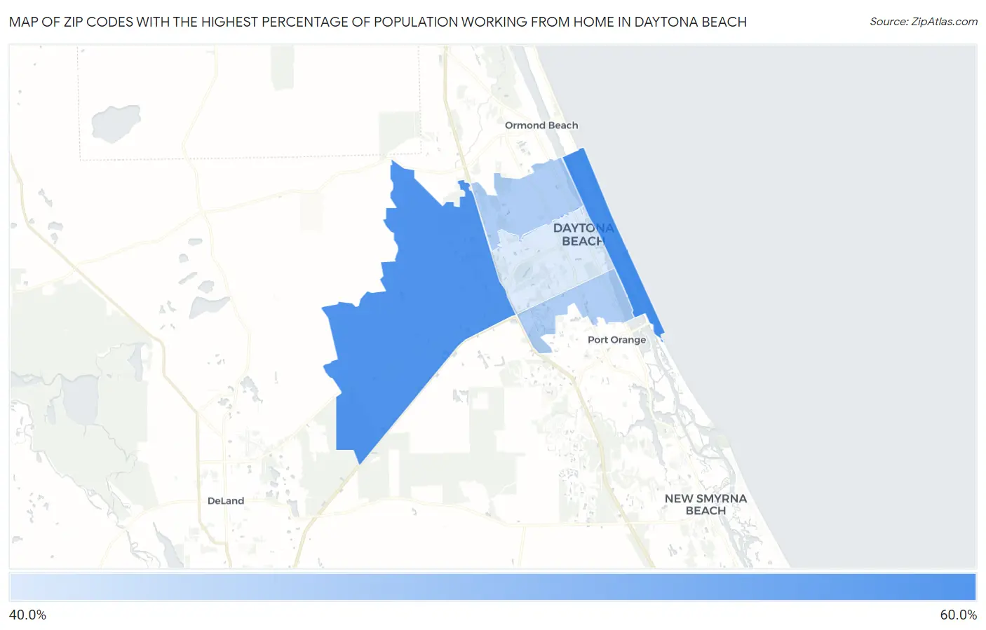 Zip Codes with the Highest Percentage of Population Working from Home in Daytona Beach Map