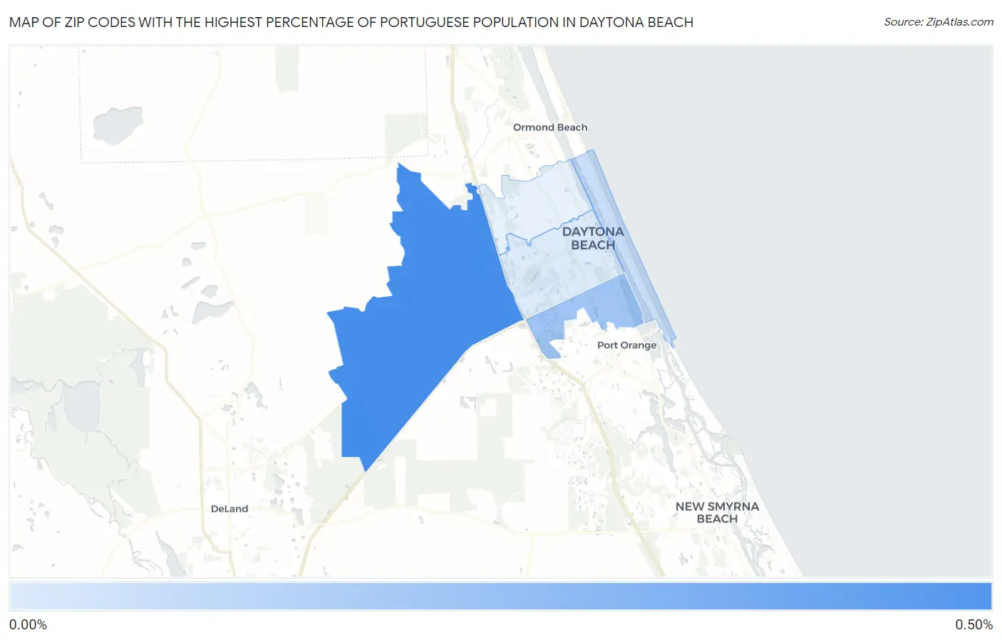 Zip Codes with the Highest Percentage of Portuguese Population in Daytona Beach Map