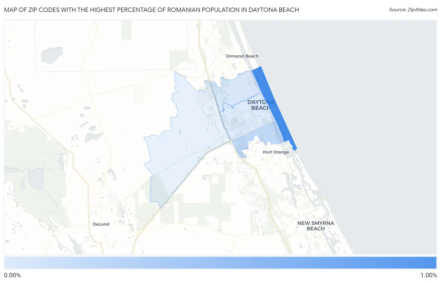 Zip Codes with the Highest Percentage of Romanian Population in Daytona Beach Map