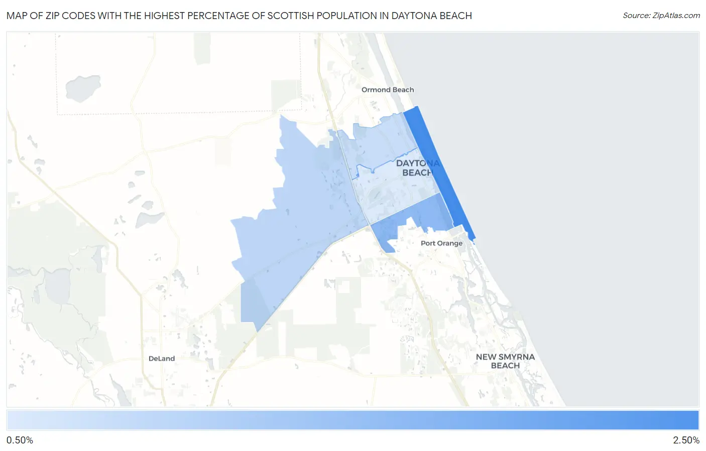 Zip Codes with the Highest Percentage of Scottish Population in Daytona Beach Map