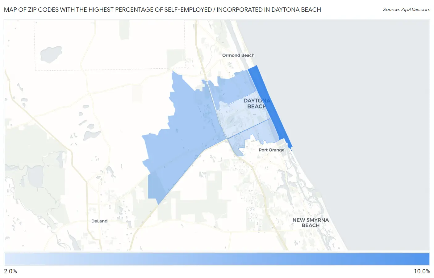 Zip Codes with the Highest Percentage of Self-Employed / Incorporated in Daytona Beach Map