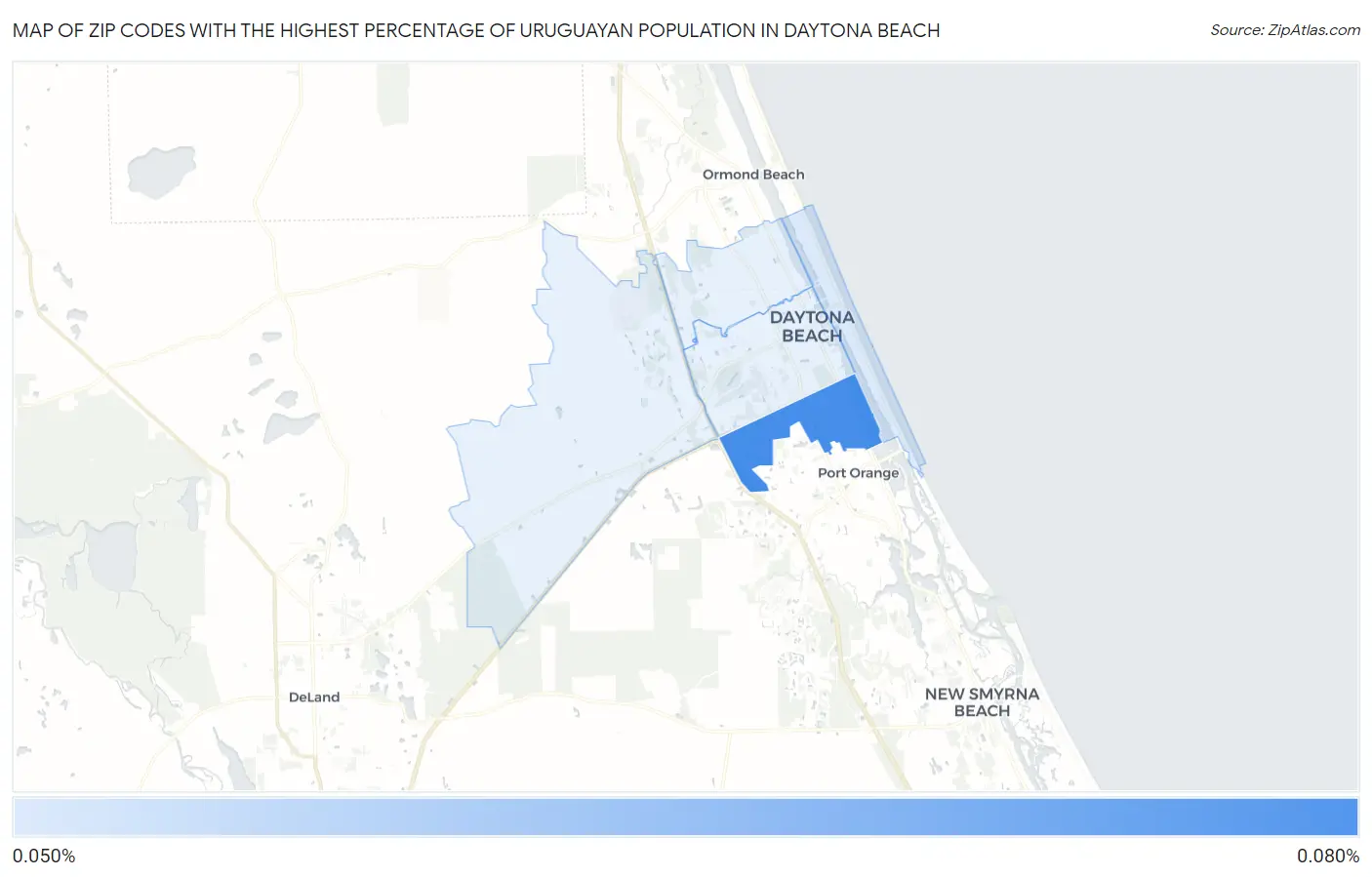 Zip Codes with the Highest Percentage of Uruguayan Population in Daytona Beach Map