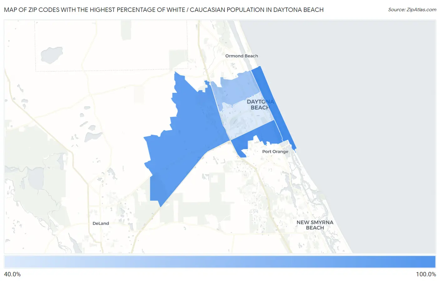 Zip Codes with the Highest Percentage of White / Caucasian Population in Daytona Beach Map