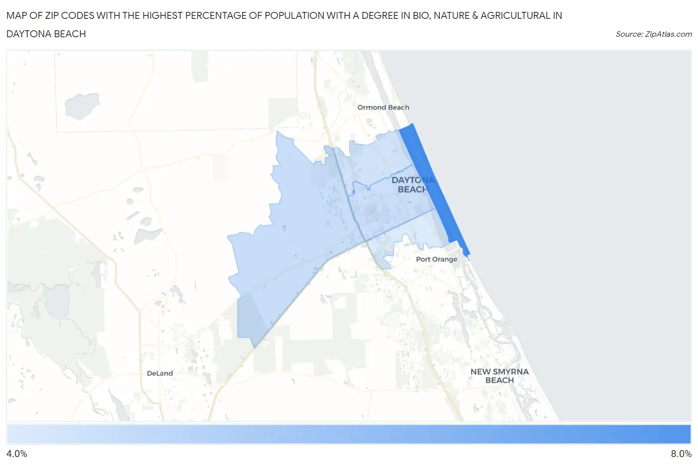 Zip Codes with the Highest Percentage of Population with a Degree in Bio, Nature & Agricultural in Daytona Beach Map