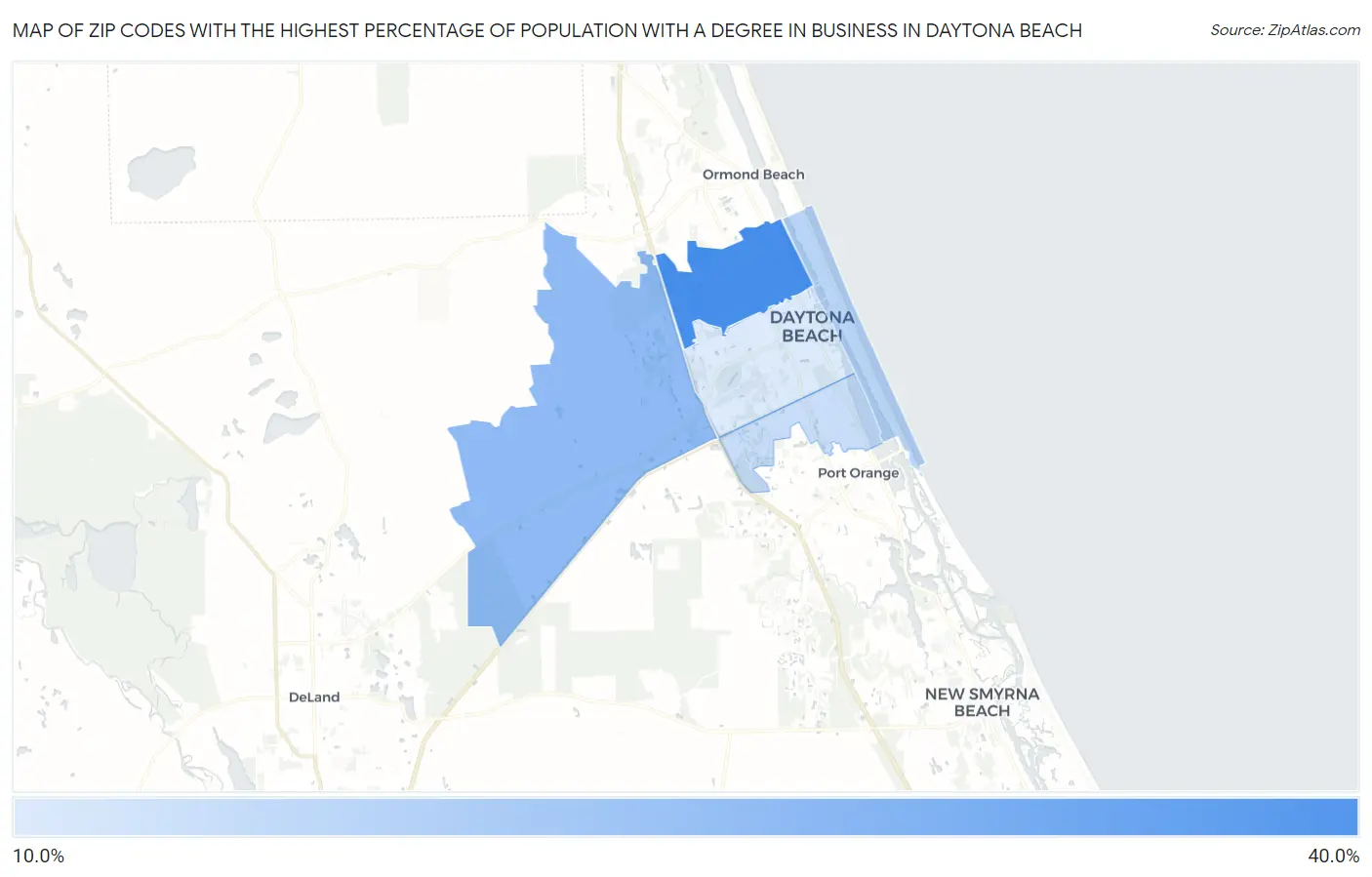 Zip Codes with the Highest Percentage of Population with a Degree in Business in Daytona Beach Map