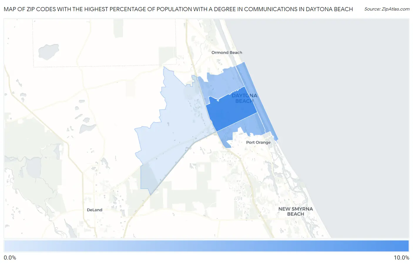 Zip Codes with the Highest Percentage of Population with a Degree in Communications in Daytona Beach Map