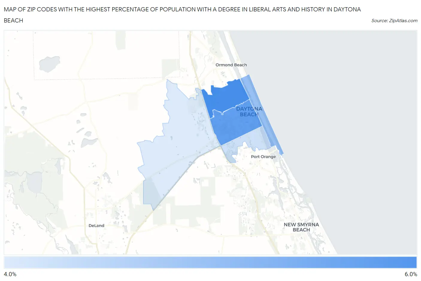 Zip Codes with the Highest Percentage of Population with a Degree in Liberal Arts and History in Daytona Beach Map