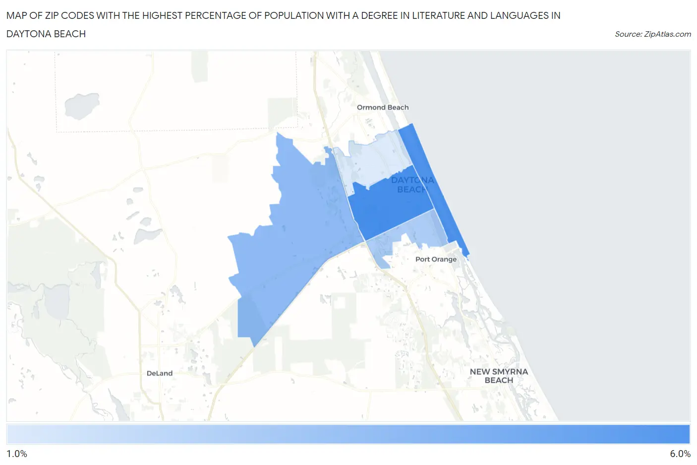 Zip Codes with the Highest Percentage of Population with a Degree in Literature and Languages in Daytona Beach Map