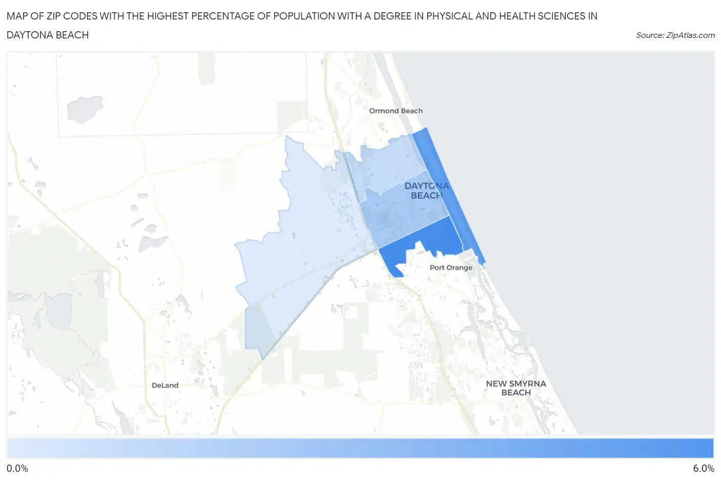 Zip Codes with the Highest Percentage of Population with a Degree in Physical and Health Sciences in Daytona Beach Map