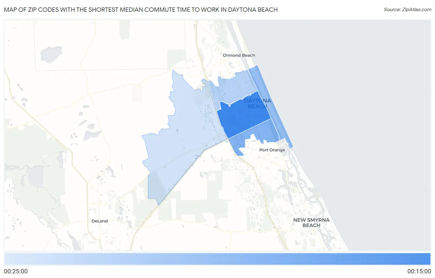 Zip Codes with the Shortest Median Commute Time to Work in Daytona Beach Map